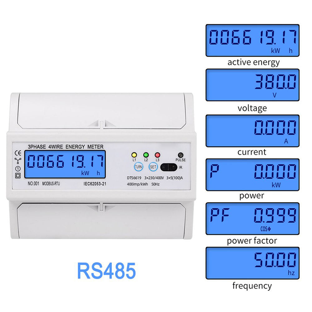 3 Phase 4 Wire RS485 Modbus 380V DIN Rail Energy Meter Digital Backlight Power Factor Monitors With Voltage Current Display