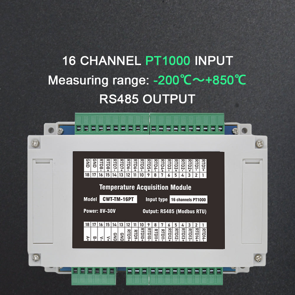 16 channels PT100/PT1000  Rs485 Modbus Output Temperature Acquisition Module