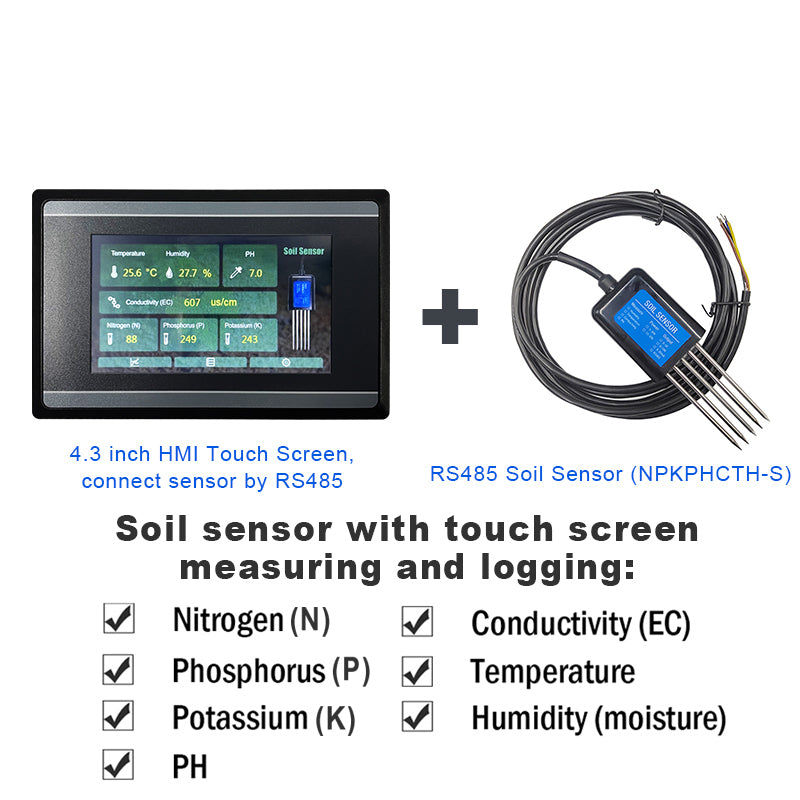 Measuring and Logging Soil Moisture Temperature Humidity EC PH NPK Sensor with HMI touch screen