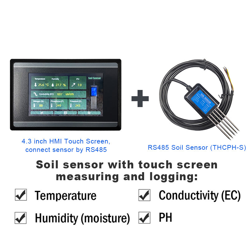 Measuring and Logging Soil Moisture Temperature Humidity EC PH NPK Sensor with HMI touch screen